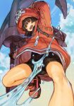  1girl anchor backpack bag bare_legs bike_shorts black_shorts blue_sky brown_eyes brown_hair cloud cloudy_sky from_above guilty_gear guilty_gear_strive hat holding holding_weapon hungry_clicker jacket may_(guilty_gear) open_mouth orange_headwear orange_jacket pirate pirate_hat shorts simple_background skull_and_crossbones sky smile solo splashing water weapon 