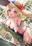  1girl :d aki_rosenthal arm_garter banned_artist bikini blonde_hair blue_bikini blue_eyes breasts brown_headwear eyebrows_visible_through_hair flower hat hololive jewelry large_breasts long_hair looking_at_viewer lying nature necklace on_stomach open_mouth parsley-f smile solo straw_hat swimsuit twintails virtual_youtuber water 