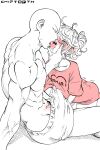  1boy 1girl absurdres bald blush breasts chip-tooth commentary curly_hair english_commentary greyscale highres kiss md5_mismatch medium_hair monochrome muscular one-punch_man pink_shirt resolution_mismatch saitama_(one-punch_man) shirt short_hair small_breasts source_smaller t-shirt tatsumaki 
