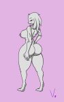  10:16 anthro big_breasts big_butt breasts butt cat_lamb_hybrid claws female fur grey_body grey_fur hi_res humanoid mewlia pink_eyes pinup pose rear_view solo thick_thighs vamrack 