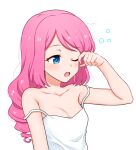  1girl ;o aikatsu!_(series) aikatsu_stars! armpit_crease bare_shoulders blue_eyes blush breasts camisole drill_hair hair_down long_hair looking_away medium_breasts messy_hair no_bra one_eye_closed open_mouth pink_hair rubbing_eyes sakuraba_rola simple_background sleepy solo strap_slip upper_body waking_up white_background yawning yoban 