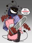  1boy alternate_universe ant_tenna apron black_pants chainsaw collared_shirt commentary cropped_legs crt defernull deltarune electric_plug electric_plug_tail english_commentary english_text gloves heart highres holding holding_chainsaw humanoid_robot male_focus necktie object_head pants pink_apron pinstripe_pattern pinstripe_shirt pipispaints radio_antenna red_necktie robot shirt sleeves_rolled_up smile solo tail teeth twitter_username utdr_(toby_fox) white_gloves 