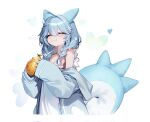  1girl :t ahoge animal_ears arahashi_tabi berry_(pokemon) blue_hair blue_jacket blush braid closed_eyes closed_mouth clothes_down commentary_request cosplay cropped_torso double-parted_bangs dress eating fake_animal_ears fake_tail flower food food_on_face fruit full_mouth hair_between_eyes hair_flower hair_intakes hair_ornament hands_up heart highres holding holding_food holding_fruit hood hood_down hooded_jacket jacket korean_commentary long_hair long_sleeves low_twin_braids multicolored_hair ness_(pjw0168) open_clothes open_jacket pachirisu pachirisu_(cosplay) pokemon sidelocks simple_background sitrus_berry sleeveless sleeveless_dress sleeves_past_wrists solo stellive streaked_hair tail twin_braids upper_body virtual_youtuber white_background white_dress white_flower white_streaks 