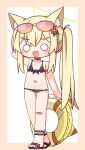  1girl :d absurdres animal_ear_fluff animal_ears arm_behind_head arm_up bandaid bandaid_on_knee bandaid_on_leg bare_arms bare_shoulders bikini black_bikini black_sandals blonde_hair blue_archive blush border brown-tinted_eyewear brown_border chibi choker collarbone eyewear_on_head fang flat_chest flower fox_ears frilled_bikini frills front-tie_bikini_top front-tie_top full_body hair_between_eyes hair_flower hair_ornament halo hana_kazari highres innertube kurumi_(blue_archive) kurumi_(c108_swimsuit)_(blue_archive) long_hair looking_at_viewer o-ring o-ring_bikini o-ring_choker o-ring_top o_o red_flower sandals side_ponytail smile solo standing sunglasses swim_ring swimsuit tinted_eyewear v-shaped_eyebrows very_long_hair white_background 