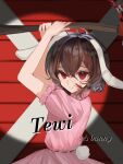  1girl absurdres animal_ears attacking_viewer axe blood blood_on_face breasts brown_hair chinese_commentary closed_mouth commentary_request dress english_text evil_smile floppy_ears hair_between_eyes highres holding holding_axe inaba_tewi looking_at_viewer medium_hair pink_dress puffy_short_sleeves puffy_sleeves rabbit_ears rabbit_girl rabbit_tail red_eyes redrawn ribbon-trimmed_dress ribbon-trimmed_sleeves ribbon_trim short_sleeves small_breasts smile solo tail touhou user_dkrh2538 