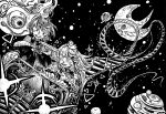  2girls :d ange_katrina ange_katrina_(1st_costume) animal_on_head bird bird_on_head closed_eyes commentary_request crease crescent_moon greyscale hair_intakes highres lize_helesta lize_helesta_(1st_costume) long_hair looking_at_another looking_to_the_side medium_hair monochrome moon moon_with_face multiple_girls nijisanji on_head open_mouth pen_(medium) planet riding_roller_coaster roller_coaster scan sebastian_piyodore shou-star smile space sparkle traditional_media triangle virtual_youtuber 