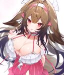  1girl absurdres animal_ears armband bare_shoulders blush bra breasts brown_hair cleavage collar commentary_request droopy_ears fingernails fluffy_tail frilled_armband frilled_collar frills from_above hair_between_eyes hair_intakes hair_ornament hairband highres lace lace_bra large_breasts long_hair looking_at_viewer looking_up nail_polish pink_hairband pink_nails pink_skirt playing_with_own_hair red_eyes red_skirt samon_(vxxr8575) skirt tail underwear white_armband white_collar ye_shunguang ye_shunguang_(touch_of_dawnlight) zenless_zone_zero 