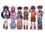  2girls 4boys animal_ear_headphones animal_ears antenna_hair artist_name aubrey_(birthday)_(omori) aubrey_(faraway)_(omori) aubrey_(omori) bag bag_charm baseball_cap basil_(birthday)_(omori) basil_(faraway)_(omori) basil_(omori) black_bag black_eyes black_hair blonde_hair blue_bow blue_eyes blue_jacket blue_pants blue_shoes blue_shorts blush boots bow braid bright_pupils brother_and_sister brothers brown_boots brown_hair brown_overalls brown_pants camouflage camouflage_shorts cardigan cellphone character_bag character_charm charm_(object) closed_mouth collarbone collared_jacket collared_shirt commentary crop_top cupcake_bunny_(omori) dark-skinned_male dark_skin denim denim_jacket double-parted_bangs fake_animal_ears forest_bunny_(omori) green_cardigan grey_hat hair_behind_ear hair_between_eyes hair_bow handbag hat headphones headscarf hero_(birthday)_(omori) hero_(faraway)_(omori) hero_(omori) holding holding_bag holding_phone hood hood_down hoodie jacket jajajam_yummy jeans kel_(birthday)_(omori) kel_(faraway)_(omori) kel_(omori) lace-up_boots leg_hair long_hair long_sleeves low_twin_braids mari_(birthday)_(omori) mari_(faraway)_(omori) mari_(omori) mari_(spirit)_(omori) mr._plantegg_(omori) multiple_boys multiple_girls navel newsboy_cap official_alternate_hairstyle omori open_cardigan open_clothes open_jacket open_mouth orange_hoodie overall_shorts overalls pants phone pink_cardigan pink_hair plastic_bag purple_shirt rabbit_ear_headphones rabbit_ears red_bag shirt shoes short-sleeved_jacket short_hair short_sleeves shorts siblings sidelocks simple_background smartphone smile sneakers socks something_(omori) sunny_(birthday)_(omori) sunny_(omori) thighhighs tongue tongue_out torn_clothes torn_jeans torn_pants twin_braids twitter_username v watch white_background white_cardigan white_headscarf white_jacket white_pupils white_shirt white_socks white_thighhighs wristwatch 