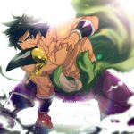  1boy abs black_eyes black_hair bracer broly_(dragon_ball_super) bulge clothes_around_waist dragon_ball dragon_ball_super dragon_ball_super_broly fighting highres large_pectorals legs_apart male_focus medium_hair mouth_hold muscular muscular_male navel nipples pants purple_pants scar scar_on_chest shirt shirt_around_waist shirtless skin_tight solo spiked_hair stomach tarutobi tight tight_pants 