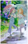  2girls absurdres ahoge akechi_anna ankle_socks aqua_shorts blue_pants bow braid flower full_body green_eyes hair_bow highres holding holding_umbrella hydrangea kengo_kumaxile kobayashi_mikuru looking_at_another meitantei_precure! multiple_girls one_eye_closed open_mouth orange_hair pants pink_bow pink_shirt precure puddle purple_bow purple_hair purple_shirt shirt short_sleeves shorts socks standing standing_on_one_leg transparent transparent_umbrella twin_braids twintails umbrella white_socks 