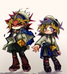  2girls angry colored_bangs commentary domino_high_school_uniform eye_of_horus genderswap genderswap_(mtf) highres kyuxhtsyu millennium_puzzle mole multicolored_hair multiple_girls muto_yugi necktie peacock_hair piercing red_eyes school_uniform shirt spiked_hair white_shirt yami_yugi yu-gi-oh! yu-gi-oh!_duel_monsters 