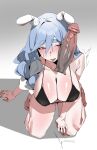  1girl absurdres animal_ears bikini black_bikini blue_hair braid breasts cleavage commentary english_commentary erection grey_background hair_between_eyes hair_intakes highres hololive large_breasts large_penis long_hair looking_at_penis mature_female md5_mismatch open_mouth pekomama penis rabbit_ears rabbit_girl red_eyes simple_background solo sweatdrop swimsuit teeth user_tzgv8754 virtual_youtuber 