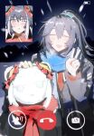  1boy 1girl ^_^ black_coat black_hair blue_scarf character_snowman closed_eyes coat commentary_request fake_screenshot half_updo hand_up highres hong_lu_(project_moon) hzcppks jia_xichun_(project_moon) limbus_company long_hair open_mouth project_moon red_scarf red_trim scarf smile snow snowman v very_long_hair 