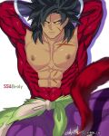 1boy abs bara black_eyes black_hair body_fur broly_(dragon_ball_super) bulge covered_abs dragon_ball dragon_ball_super dragon_ball_super_broly eyeshadow highres large_pectorals makeup male_focus medium_hair monkey_tail muscular muscular_male navel nipples pants purple_pants scar scar_on_chest shirtless skin_tight solo spiked_hair stomach super_saiyan super_saiyan_4 tail tarutobi thighs tight tight_pants yellow_eyes 
