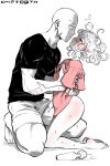  1boy 1girl absurdres bald blush breasts chip-tooth commentary curly_hair english_commentary greyscale highres hitachi_magic_wand md5_mismatch medium_hair monochrome muscular one-punch_man petite pink_shirt resolution_mismatch saitama_(one-punch_man) sex_toy shirt short_hair small_breasts source_smaller squeans t-shirt tatsumaki vibrator 