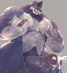  absurd_res anthro balls big_muscles blush bodily_fluids canid canine canis cum cumshot ejaculation erection eyes_closed genital_fluids genitals hi_res humanoid_genitalia humanoid_penis male mammal muscular muscular_anthro muscular_male navel nipples orgasm pecs penis rybiok solo tongue tongue_out tuft vein veiny_penis wolf 
