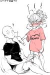  1boy 1girl absurdres bald blush breasts chip-tooth commentary curly_hair english_commentary greyscale highres hitachi_magic_wand md5_mismatch medium_hair monochrome muscular one-punch_man pink_shirt resolution_mismatch saitama_(one-punch_man) sex_toy shirt short_hair small_breasts source_smaller t-shirt tatsumaki vibrator 