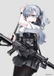  1girl absurdres adriyana_(desert_(deserteagle0321)) ammunition_pouch assault_rifle black_pantyhose cable collared_shirt commentary_request cowboy_shot desert_(deserteagle0321) fang glock grey_eyes grey_hair grey_skirt gun gun_sling hair_between_eyes handgun headphones highres holding long_hair looking_at_viewer no_magazine_(weapon) open_mouth original pantyhose pleated_skirt pouch pp-19-01_vityaz rifle shirt short_sleeves skin_fang skirt solo standing submachine_gun thighs watch weapon white_shirt wristwatch 