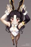  1girl :q absurdres alternate_costume animal_ear_hairband animal_ears armpits arms_up artist_name bare_shoulders black_hair black_nails blush breasts brown_pantyhose commentary_request earrings fake_animal_ears fate/grand_order fate_(series) fishnet_pantyhose fishnet_thighhighs fishnets gold_thighlet gradient_background grey_background hairband highleg highres hoop_earrings ishtar_(fate) jewelry leotard long_hair looking_at_viewer multiple_views nontraditional_playboy_bunny one_eye_closed paid_reward_available pantyhose parted_bangs playboy_bunny rabbit_ear_hairband rabbit_ears red_eyes simple_background small_breasts thighhighs thighlet tongue tongue_out two_side_up very_long_hair white_leotard wrist_cuffs xkzan 