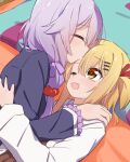  2girls blonde_hair blush brown_eyes closed_eyes commentary_request hair_ribbon hand_on_another's_shoulder highres kiss kissing_forehead long_hair miruzawa_akechi multiple_girls null_(nullpeta) nullpeta one_eye_closed open_mouth peta_(nullpeta) purple_hair red_ribbon ribbon shirt white_shirt yuri 