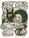  1girl ancient_egyptian_clothes animal_ear_fluff animal_ears animal_hands anubis_(monster_girl_encyclopedia) bare_shoulders blunt_bangs blush border brown_background claws closed_mouth coffee coffee_(plant) coffee_beans coffee_maker commentary dated dog_ears dog_girl dog_paws dog_tail earrings english_commentary english_text gold_earrings green_fur green_hair green_tail hair_between_eyes hair_ornament hand_on_own_chin head_on_hand highres jackal_girl jewelry long_hair long_sidelocks meatypaws monster_girl monster_girl_encyclopedia ornate raised_eyebrow red_eyes sidelocks sideways_glance signature smile snake_hair_ornament solo tail upper_body usekh_collar white_border wistful 