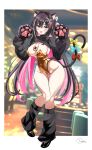  1girl absurdres alternate_breast_size_(larger) alternate_costume animal_ear_fluff animal_ears animal_hands azki_(hololive) black_hair black_leg_warmers black_shoes black_shrug blush bow braid breasts casino cat_ears cat_girl cat_paws cat_tail cleavage colored_inner_hair commentary_request covered_navel double-parted_bangs fang full_body gloves gold_leotard groin hair_ornament hairclip half_up_braid hands_up high-ended_braid highleg highleg_leotard highres hip_dips hololive indoors inokeiwd kemonomimi_mode knees_together_feet_apart large_breasts leg_warmers leotard long_hair looking_at_viewer mole mole_under_eye multicolored_hair narrow_waist nontraditional_playboy_bunny open_mouth paw_gloves paw_pose pink_hair pink_streaks purple_eyes shoes shrug_(clothing) skin_fang smile smug solo strapless strapless_leotard streaked_hair super_highleg tail tail_bow tail_ornament v-shaped_eyebrows very_long_hair virtual_youtuber white_streaks wide_hips x_hair_ornament 