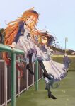  1boy 28yanagiii 2girls against_railing animal_ears black_coat black_pantyhose black_shoes blue_hat blue_jacket blue_sky bow bowtie branch brown_eyes brown_hair brown_pants brown_tail bush character_request check_character coat commentary_request cropped_jacket crowd ear_covers fence flower foreshortening from_side grass green_eyes grey_hat hair_between_eyes hand_on_own_hat hat high_collar high_heels highres horse_ears horse_tail jacket kin'iro_ryotei_(umamusume) lapels long_bangs long_hair long_skirt looking_at_another looking_at_viewer looking_down mask mouth_mask multiple_girls on_railing orange_hair orange_tail orfevre_(old_design)_(umamusume) pants pantyhose peaked_cap plant pleated_skirt pointing pointing_at_another potted_plant pumps racetrack railing running_towards_viewer shirt shoes skirt sky standing tail tile_roof tree umamusume very_long_hair white_bow white_bowtie white_mask white_shirt white_skirt 