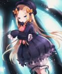  1girl abigail_williams_(fate) bangs black_bow black_dress black_headwear blonde_hair blue_eyes bow breasts dress fate/grand_order fate_(series) forehead hair_bow hat highres long_hair long_sleeves looking_at_viewer mochizuki_yomogi multiple_bows orange_bow parted_bangs polka_dot polka_dot_bow ribbed_dress sleeves_past_fingers sleeves_past_wrists small_breasts stuffed_animal stuffed_toy teddy_bear white_bloomers 