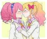  2girls aikatsu!_(series) aikatsu_stars! blazer blonde_hair blush border bow closed_eyes collared_shirt drill_hair eyebrows_visible_through_hair face-to-face gradient_hair hair_bow hairband hand_on_another&#039;s_shoulder imminent_kiss jacket long_hair multicolored_hair multiple_girls nijino_yume nose_blush outline outside_border parted_lips pink_bow pink_hair purple_bow purple_shirt sakuraba_rola school_uniform scrunchie shirt sidelocks simple_background sweatdrop sweater_vest twintails upper_body venus_ark_uniform wavy_mouth white_border white_jacket white_outline yellow_background yoban yuri 
