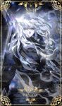  1girl angelica_(project_moon) black_gloves black_jacket black_pants black_sweater blue_eyes border card card_(medium) chinese_commentary closed_mouth commentary_request cowboy_shot duanxiaosheng1 floating_hair gloves gold_border highres holding holding_polearm holding_weapon inset_border jacket jewelry lance lens_flare library_of_ruina light_particles long_hair long_sleeves looking_at_viewer necklace ornate_border pants polearm project_moon ring ring_necklace solo spear sunlight sweater tarot tarot_(medium) tarot_card the_star_(tarot) too_many_watermarks turtleneck turtleneck_sweater very_long_hair watermark watermark_grid weapon white_hair 