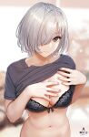  1girl artist_logo bangs bra breasts hair_between_eyes highres infinote large_breasts looking_at_viewer navel original sashou_mihiro shirt short_hair silver_hair underwear 