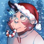  anthro blue_markings brown_body brown_eyes brown_fur candy candy_cane christmas christmas_clothing christmas_headwear clothing dessert ear_piercing ear_ring eating facial_markings food fur haplorhine hat head_markings headgear headshot_portrait headwear hi_res holidays hoodie kito_(kitodiet) male mammal markings monkey peyotethehyena piercing portrait primate red_clothing red_hat red_headwear snow snowflake snowing solo sucking topwear 