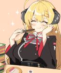  1girl akari_(blue_archive) blonde_hair blue_archive blush breasts brown_hair chopsticks closed_eyes eating exion_(neon) food hand_on_own_face horns large_breasts long_hair plate simple_background solo sparkle sushi uniform 