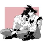  2boys black_eyes black_hair blush broly_(dragon_ball_super) crossed_legs dragon_ball dragon_ball_super dragon_ball_super_broly full_body leaning_on_person male_cleavage male_focus medium_hair monochrome multiple_boys muscular muscular_male pectorals pink_theme scar scar_on_cheek scar_on_chest scar_on_face shirtless smile son_goku spiked_hair tarutobi yaoi 