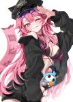  1girl :q ;q absurdres animal_ears animal_print arm_up bikini black_bikini black_hat black_jacket breasts center-flap_bangs chattino_(raora_panthera) cleavage commentary double-parted_bangs extra_ears eyewear_on_head hat highres hololive hololive_english jacket large_breasts layered_bikini leopard_print leopard_print_bikini long_hair looking_at_viewer mogu_(au1127) multicolored_hair official_alternate_costume one_eye_closed panther_ears panther_girl panther_tail pink_bikini pink_hair police_hat print_bikini raora_panthera raora_panthera_(holonatsu_paradise) round_eyewear sidelocks simple_background single_hair_streak solo streaked_hair sunglasses swimsuit tail tongue tongue_out untranslatable_commentary very_long_hair virtual_youtuber white_background white_streaks yellow_eyes 