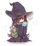  1girl :3 black_hair black_hat black_robe brown_shoes chibi chibi_only commentary_request commission eyelashes flask full_body hair_over_one_eye hands_up hat heaven_burns_red highres holding holding_flask loafers long_bangs long_hair long_sleeves looking_at_object one_eye_covered open_mouth puico red_eyes ribbon-trimmed_robe robe rolled-up_paper round-bottom_flask shoes simple_background skeb_commission smile smoke solo sparkle standing tenne_miko very_long_hair white_background wide_sleeves witch witch_hat 