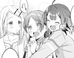  3girls :d :o ahoge blush commentary_request gakuen_idolmaster greyscale hair_ornament hairclip hanami_ume holding holding_paper hug idolmaster kuramoto_china long_hair long_sleeves looking_at_another monochrome multiple_girls open_mouth paper parallel_hairclips parted_bangs shinosawa_hiro shirt simple_background smile speech_bubble straight_hair teeth tetta_(tettaakira) upper_teeth_only 
