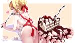  1girl ahoge apron ass back bangs bare_shoulders blonde_hair blush braid breasts cake fate/extra fate_(series) feet food fork french_braid fruit green_eyes hair_between_eyes hair_bun hair_intakes highres ladle large_breasts long_hair looking_at_viewer looking_back lying naked_apron nero_claudius_(fate) nero_claudius_(fate)_(all) on_stomach perspective soles strawberry suryua toes white_apron 