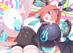  1girl ahoge angel_wings aqua_jacket belt black_belt black_hairband black_shorts black_wings blue_eyes blue_necktie breasts center-flap_bangs commentary_request demon_wings fang feathered_wings hair_intakes hairband headgear high-waist_shorts ichien_ekaki idol idol_clothes jacket lishenna_(shadowverse) long_hair looking_at_viewer mechanical_ears medium_breasts necktie one_eye_closed open_clothes open_jacket open_mouth orange_hair power_symbol shadowverse shadowverse:_worlds_beyond shirt shorts simple_background smile solo thighs very_long_hair white_jacket white_shirt white_wings wings 