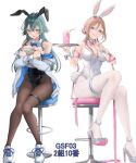  2girls animal_ears bare_shoulders black_leotard black_pantyhose blonde_hair blue_bow blue_bowtie blush bow bowtie breasts chair cleavage collarbone commentary_request crossed_arms detached_collar drinking_straw fake_animal_ears fake_tail gakuen_idolmaster glasses green_eyes green_hair hamu_(plot_sy) high_heels highres himesaki_rinami holding holding_tray idolmaster jacket jacket_partially_removed large_breasts leotard long_hair looking_at_viewer looking_down medium_breasts multiple_girls on_chair on_stool open_mouth pantyhose playboy_bunny rabbit_ears rabbit_tail shoes simple_background sitting smile sneakers solo stool sweat tail teeth thigh_strap tray tsukimura_temari white_background white_leotard white_shoes wrist_cuffs 