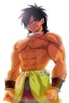  1boy abs backlighting bara biceps black_eyes black_hair broly_(dragon_ball_super) bulge clothes_around_waist cowboy_shot dragon_ball dragon_ball_super dragon_ball_super_broly highres large_pectorals looking_to_the_side male_focus muscular muscular_male navel nipples pants scar scar_on_chest shirt shirt_around_waist shirtless short_hair skin_tight solo spiked_hair stomach sweat tarutobi tight tight_pants veins 