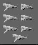  3d absurdres arrow_(symbol) artist_name attack_ship_(eve_online) caldari_navy_(eve_online) caldari_state_(eve_online) commentary company_logo company_name concept_art copyright_logo copyright_name cormorant_(eve_online) daniel_matthews dated destroyer_(eve_online) english_commentary eve_online grey_background greyscale highres logo military_vehicle monochrome no_humans official_art photoshop_(medium) radio_antenna redesign science_fiction simple_background spacecraft thrusters variations vehicle_focus vehicle_name 