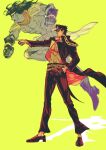  1boy 1other abs belt belt_buckle black_gloves black_hair black_hat black_pants black_shoes buckle chain clenched_hand coat colored_skin commentary covered_pectorals floating_clothes from_side gloves hand_in_pocket hat high_collar highres jojo_no_kimyou_na_bouken kujo_jotaro long_hair long_sleeves male_focus multiple_belts nul open_mouth outstretched_arm pants pectorals pointing shirt shoes short_hair star_platinum stardust_crusaders two-sided_coat two-sided_fabric untranslatable_commentary yellow_background 