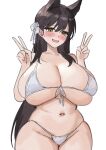  1girl absurdres animal_ears atago_(azur_lane) atago_(summer_march)_(azur_lane) azur_lane bare_shoulders bikini black_hair blush breasts brown_eyes cleavage commentary_request dog_ears extra_ears highres huge_breasts long_hair looking_at_viewer marumai mole mole_under_eye navel open_mouth ribbon smile solo swept_bangs swimsuit white_bikini white_ribbon 