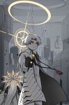  1boy 1girl absurdres alternate_costume beretta_92 blue_archive cityscape closed_mouth decagrammaton_(blue_archive) grey_hair gun halo handgun highres holding holding_gun holding_weapon looking_at_viewer sensei_(blue_archive) short_hair sogmjin2 weapon yellow_eyes yellow_halo 
