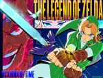  1girl 2boys absurdres blonde_hair blue_eyes brown_gloves commentary curtained_hair english_commentary fairy fingerless_gloves ganondorf gloves glowing green_hat green_tunic hat highres holding holding_sword holding_weapon link master_sword multiple_boys navi open_mouth parted_bangs pointy_ears princess_zelda sword the_legend_of_zelda the_legend_of_zelda:_ocarina_of_time triforce trizziefrizzie tunic weapon 