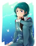  1boy aeug blue_eyes blue_hair commentary_request gundam haro highres kamille_bidan military_uniform mogeron_03 nebula robot science_fiction star_(sky) thinking turtleneck zeta_gundam 