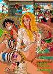  1girl 4boys animal bangle bare_legs black_hair blonde_hair blue_sky blush bracelet breasts cat cleavage cloud cloudy_sky dark-skinned_male dark_skin floral_print flower flying_kick food fruit goggles goggles_on_headwear gold_bangle green_hair grin haramaki hat highleg highleg_panties highres holding holding_food holding_fruit indoors itstheenami jewelry kicking large_breasts long_hair long_nose looking_at_another midriff monkey_d._luffy multiple_boys nami_(one_piece) navel no_pants official_alternate_costume one_piece open_mouth orange_hair orange_shirt panties pearl_bracelet print_shirt roronoa_zoro sanji_(one_piece) scar scar_on_cheek scar_on_face shirt short_hair shorts sitting sky smile stomach straw_hat straw_hat_pirates sunflower towel towel_on_head twitter_username underwear usopp watermelon watermelon_slice wavy_hair white_shirt 