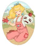  1girl alternate_costume alternate_hairstyle blonde_hair closed_eyes crown earrings farm farmer gloves highres jewelry jivke kneeling looking_at_viewer mario_(series) overalls ponytail princess_peach stitched_face stitched_mouth stitches super_mario_bros. super_smash_bros. turnip 