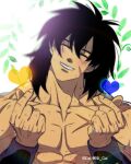  1boy bara black_eyes black_hair broly_(dragon_ball_super) dark_skin dark_skinned_male dragon_ball dragon_ball_super dragon_ball_super_broly finger_heart head_tilt large_pectorals male_focus medium_hair muscular muscular_male nude portrait scar scar_on_cheek scar_on_chest scar_on_face smile solo spiked_hair tarutobi 